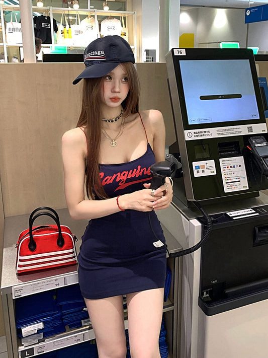 Summer Fashion New Women's Elegant Design Tight Hip Hugging Dress Letter Strap Street Sweet Girl Mini Dress