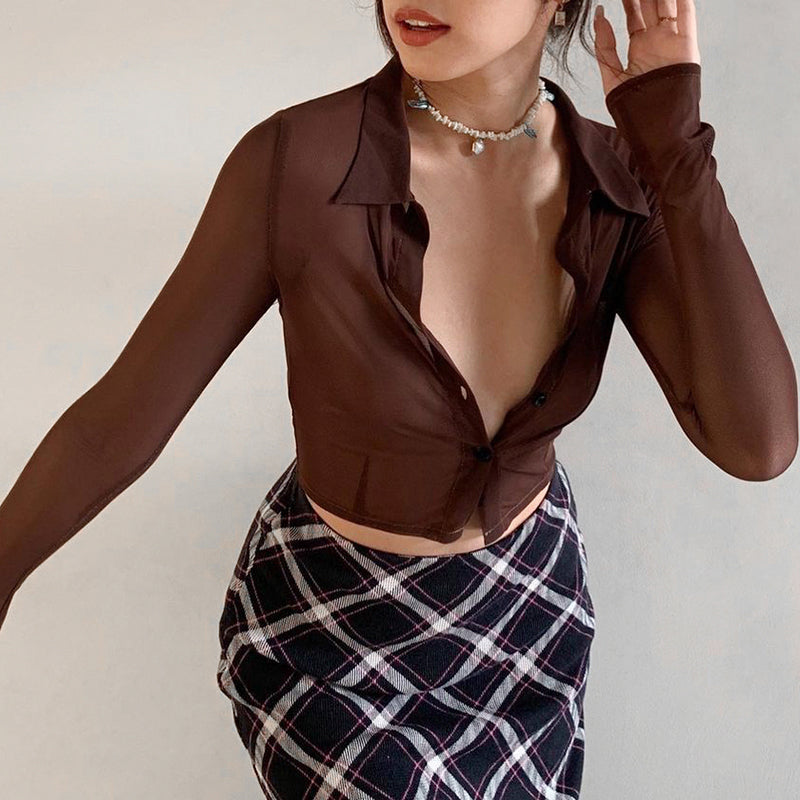 Mesh Tops Women Button Up Long Sleeve Cropped Tee Shirt See Through Sexy Rave E Girl T-Shirts