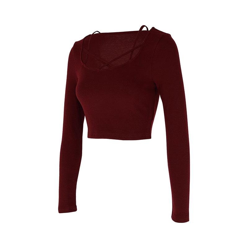 Women Sexy Wine Red Hollow Out Low Chest Top Long Sleeves Knitted Tees Streetwear Fashion Casual Slim Female T-Shirt New