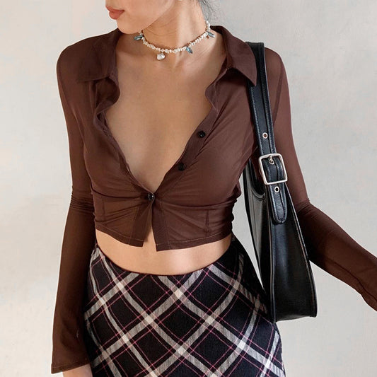 Mesh Tops Women Button Up Long Sleeve Cropped Tee Shirt See Through Sexy Rave E Girl T-Shirts
