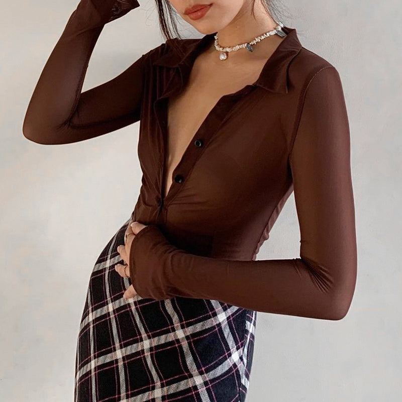 Mesh Tops Women Button Up Long Sleeve Cropped Tee Shirt See Through Sexy Rave E Girl T-Shirts