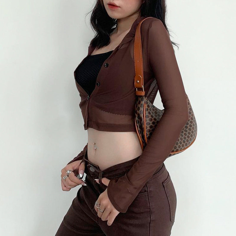 Mesh Tops Women Button Up Long Sleeve Cropped Tee Shirt See Through Sexy Rave E Girl T-Shirts