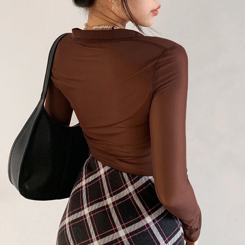 Mesh Tops Women Button Up Long Sleeve Cropped Tee Shirt See Through Sexy Rave E Girl T-Shirts