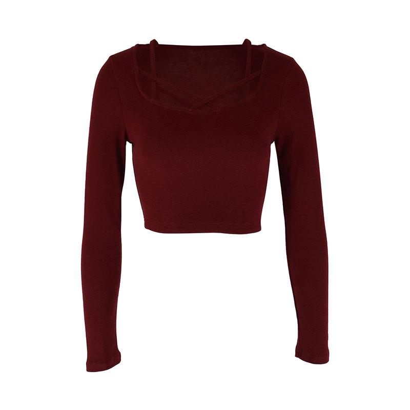 Women Sexy Wine Red Hollow Out Low Chest Top Long Sleeves Knitted Tees Streetwear Fashion Casual Slim Female T-Shirt New