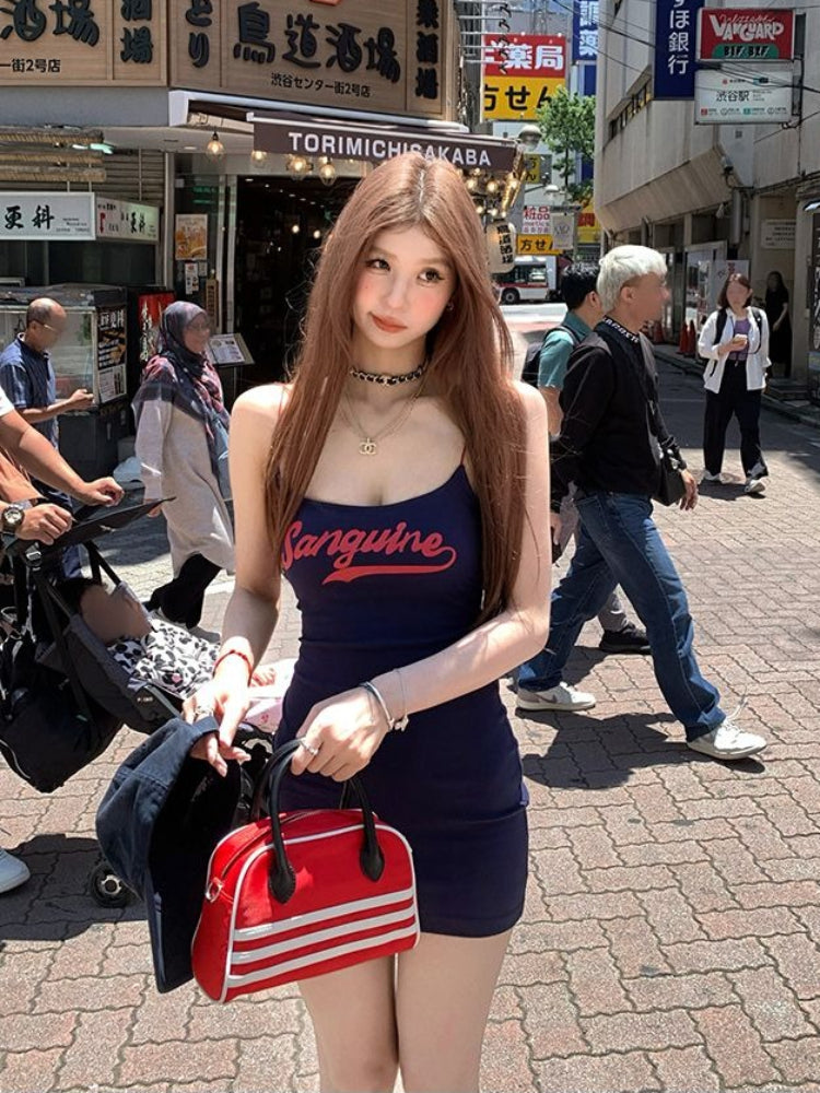 Summer Fashion New Women's Elegant Design Tight Hip Hugging Dress Letter Strap Street Sweet Girl Mini Dress